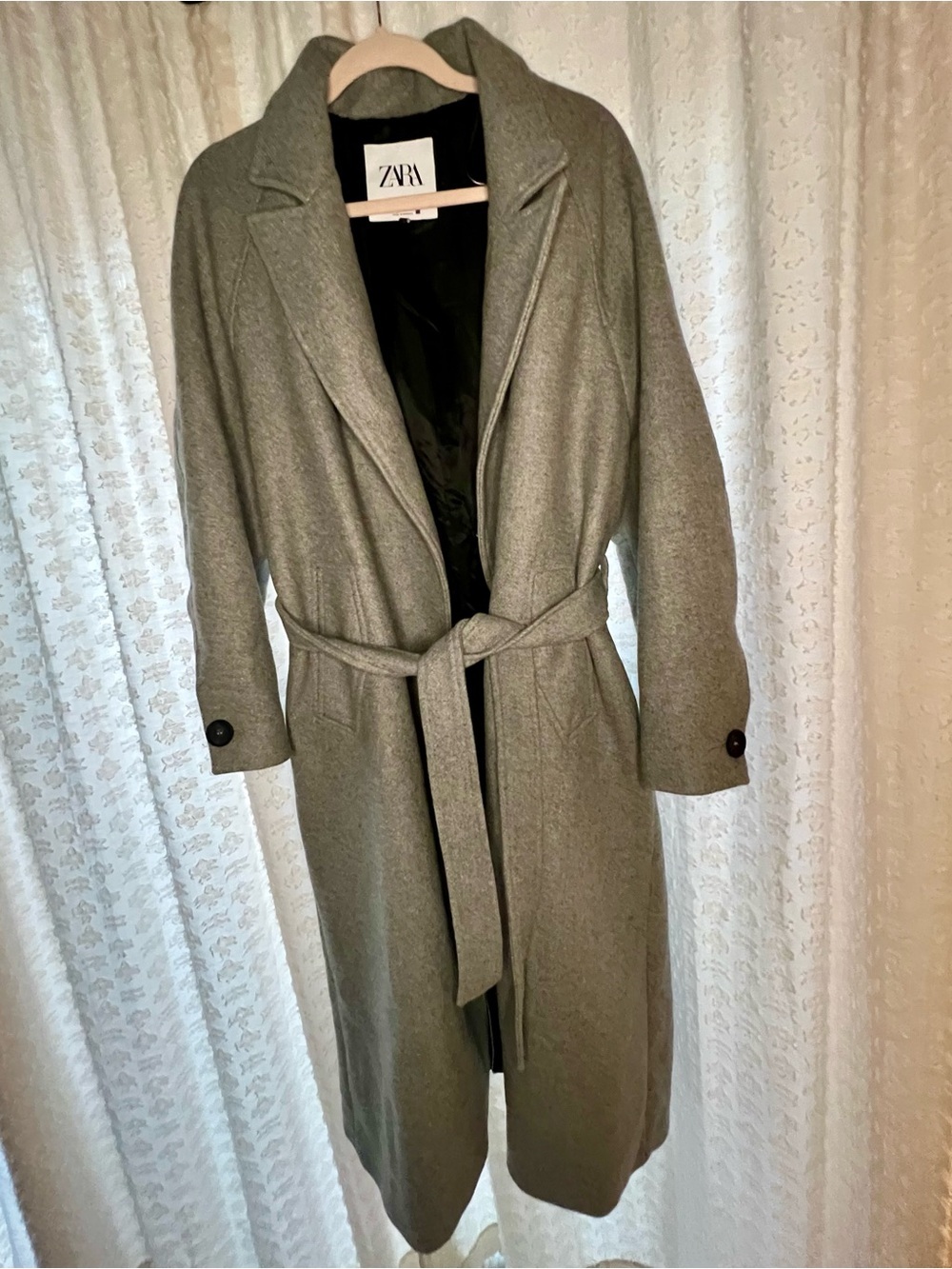 Zara Large Gray Belted Lined Long Maxi Wrap Coat Italian Fabric Wool Blend